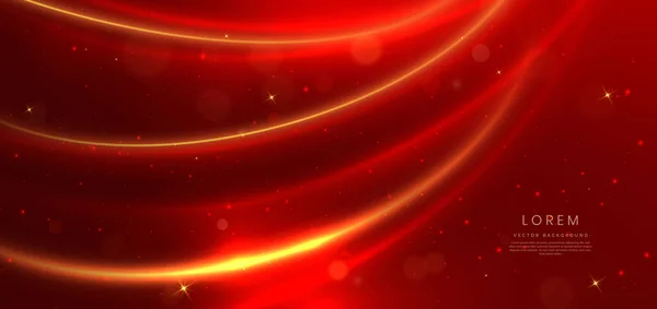 Elegante Rode Achtergrond Met Gloeiende Gouden Gebogen Lijnen Lichteffect Schitteren — Stockvector