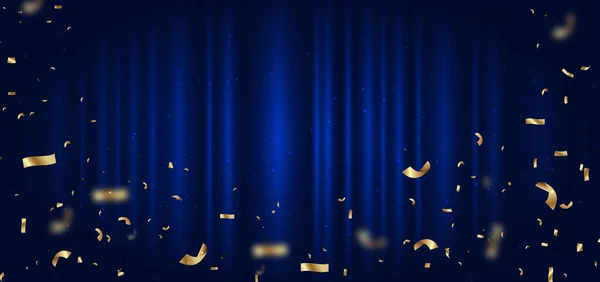 Fundo Cortina Azul Banner Confete Dourado Fita Fundo Branco Celebração — Vetor de Stock