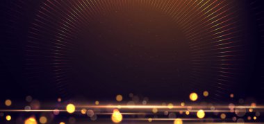 Zarif altın sahne dikey aydınlatma efektiyle parıldıyor ve siyah arka planda bokeh. Şablon premium ödül tasarımı. Vektör illüstrasyonu