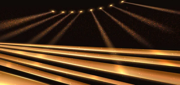Elegant Gouden Podium Horizontaal Gloeiend Met Lichteffect Fonkelende Achtergrond Model — Stockvector