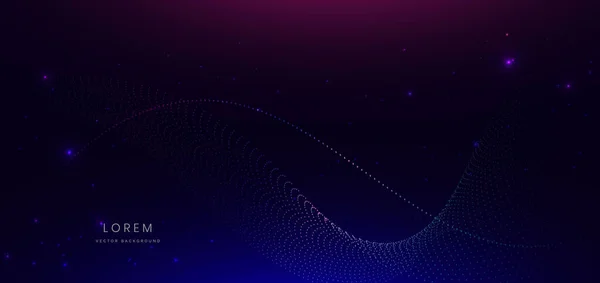 アブストラクトテクノロジーダークブルーを背景に動きの速い未来的なネオンブルーとピンクの波光ドットライン ベクターイラスト — ストックベクタ