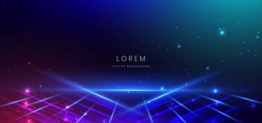 Soyut teknoloji fütüristik parlak çizgiler. Lacivert arka planda parlak efektli neon mavi ve pembe ışık ışını. Vektör illüstrasyonu