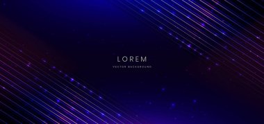 Soyut teknoloji fütüristik diyagonal parlak çizgiler koyu mavi arka planda neon mavi ve pembe ışık ışınları ve ışık efektleri. Vektör illüstrasyonu