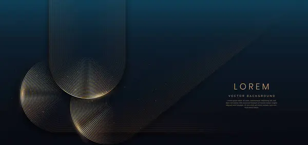 Abstracte Goud Gloeiende Geometrische Afgeronde Lijnen Vorm Donkerblauwe Achtergrond Luxe — Stockvector