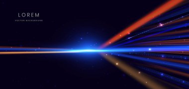 Soyut teknoloji fütüristik neon geometrik parlak mavi ve kırmızı ışık çizgileri koyu mavi arkaplan üzerinde hız hareketi bulanıklığı etkisi. Vektör illüstrasyonu
