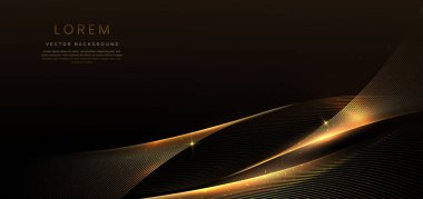 Soyut koyu kahverengi arka plan, altın kıvrımlı çizgiler ve ışık efekti ışıldıyor. Lüks şablon ödül tasarımı. Vektör illüstrasyonu