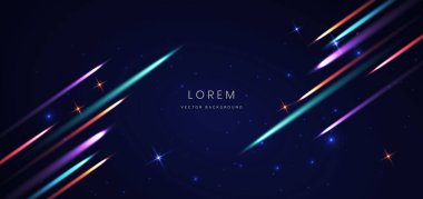 Soyut fütüristik parlak parlak mavi ve mor ışık ışını koyu mavi arkaplanda hareket ediyor. Vektör illüstrasyonu