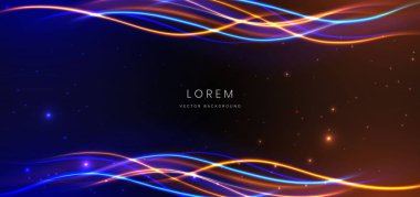 Soyut teknoloji aydınlatma efektli koyu mavi arka planda parlak neon ve turuncu ışık ışını. Vektör illüstrasyonu