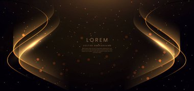 Işıklandırma efektiyle siyah zemin üzerinde altın kıvrımlı ve metin için kopyalama alanı ile parıldıyor. Lüks tasarım tarzı. Vektör illüstrasyonu