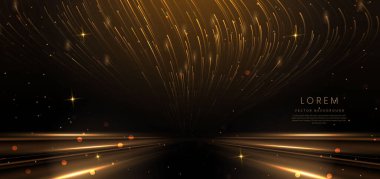 Zarif altın kıvrımlı çizgiler siyah arka planda ışıldıyor. Şablon premium ödül tasarımı. Vektör illüstrasyonu