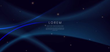 Lükslü koyu mavi arka plan, mavi çizgi kıvrımlı ve ışık efekti parıldıyor. Vektör illüstrasyonu
