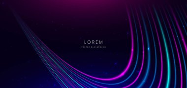 Soyut teknoloji fütüristik neon kıvrımlı parlak mavi ve pembe ışık çizgileri koyu mavi arka plan üzerinde hızlı hareket bulanıklığı etkisi var. Vektör illüstrasyonu