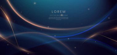 Lükslü koyu mavi arka plan, altın rengi kıvrımlı ve ışık efektli. Vektör illüstrasyonu