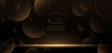 Karanlık arka planda soyut, parlak altın daire çizgileri, ışık efekti ve metin için fotokopi alanı. Lüks tasarım tarzı. Vektör illüstrasyonu