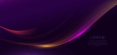 Koyu mor arkaplanda parlayan soyut pembe ve kırmızı dalga çizgileri ve metin için kopyalama alanı. Lüks tasarım tarzı. Vektör illüstrasyonu