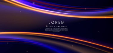 Soyut teknoloji aydınlatma efektli koyu mavi arka planda parlak neon ve turuncu ışık ışını. Vektör illüstrasyonu