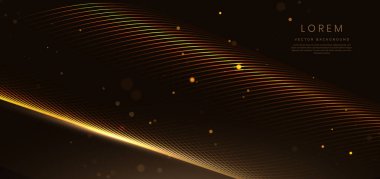 Koyu kahverengi arka planda parlak altın dalga çizgileri ve ışık efekti ışıltısı. Lüks şablon ödül tasarımı. Vektör illüstrasyonu