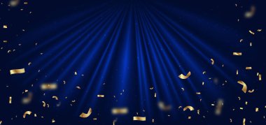 Mavi perde arkaplanı. Beyaz arka planda altın konfeti afişi ve kurdele. Büyük açılış partisinin mutlu konseptini kutlayalım. Vektör illüstrasyonu