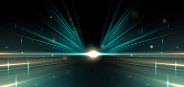 Soyut fütüristik parlak yeşil ve altın rengi ışık efekti siyah arkaplan üzerinde. Vektör illüstrasyonu