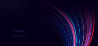 Soyut parlak neon renkli fütüristik çizgiler. Koyu mavi arka planda yüksek hızlı hareket kavramı. Vektör illüstrasyonu