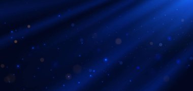 Koyu arkaplanda parçacıkların olduğu soyut mavi parlayan çizgiler, bokeh. Vektör illüstrasyonu