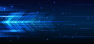 Soyut teknoloji fütüristik parlayan ok çizgileri koyu mavi arkaplandaki neon mavi ışık huzmesi ve kare şekilli dijital element. Vektör illüstrasyonu