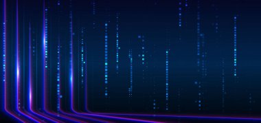 Soyut teknoloji parlak parlak parlak neon ve pembe ışık çizgileri, ışık efektli koyu mavi arka planda hareket ediyor. Vektör illüstrasyonu