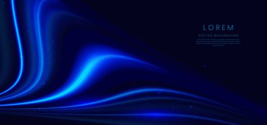 Koyu mavi arkaplanda parlayan soyut mavi eğri çizgileri ve metin için kopyalama alanı. Vektör illüstrasyonu
