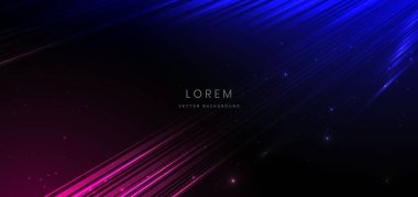 Soyut fütüristik parlak mavi ve kırmızı köşegen çizgileri koyu mavi arkaplan üzerinde hız hareketi bulanıklığı etkisi yapıyor. Vektör illüstrasyonu