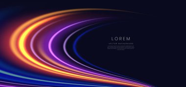 Soyut parlak neon renkli fütüristik çizgiler. Koyu mavi arka planda yüksek hızlı hareket kavramı. Vektör illüstrasyonu