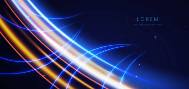 Soyut parlak neon renkli fütüristik çizgiler. Koyu mavi arka planda yüksek hızlı hareket kavramı. Vektör illüstrasyonu