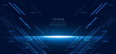 Lşık efektli ve parıltılı koyu arkaplanda soyut sahne zarif mavi ışık çizgileri. Vektör illüstrasyonu