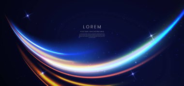 Soyut parlak neon renkli fütüristik çizgiler. Koyu mavi arka planda yüksek hızlı hareket kavramı. Vektör illüstrasyonu