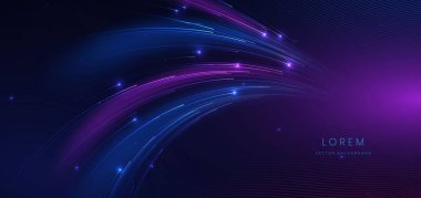 Soyut fütüristik eğri koyu mavi arkaplanda mavi ve pembe ışık çizgileri parlıyor. Vektör illüstrasyonu