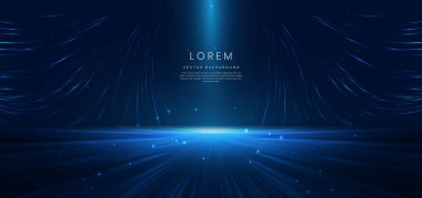 Lşık efektli ve parıltılı koyu arkaplanda soyut sahne zarif mavi ışık çizgileri. Vektör illüstrasyonu