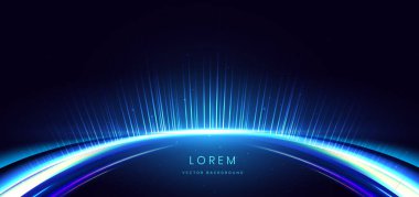 Soyut parlak mavi eğri ışını, ışık efekti ve koyu mavi arka planda parıldıyor. Vektör illüstrasyonu