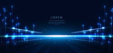 Lşık efektli ve parıltılı koyu arkaplanda soyut sahne zarif mavi ışık çizgileri. Vektör illüstrasyonu