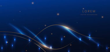 Soyut parlak neon mavi ve altın renkli ışık çizgileri koyu mavi arkaplanda. Lüks konsept tasarım. Vektör illüstrasyonu