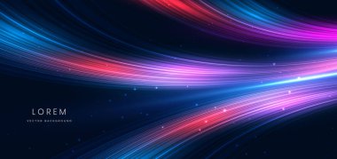 Soyut parlak eğri ışın çizgileri koyu mavi arkaplanı etkiler. Hızlı hareket kavramı. Vektör illüstrasyonu