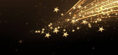 Siyah arka planda ışık efektiyle parlayan soyut, zarif yıldız altınları. Şablon premium ödül tasarımı. Vektör illüstrasyonu