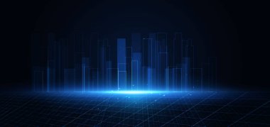 Işıklandırma ve ışıltı ile koyu mavi arka planda parlayan gece manzarası. Şehir manzarası. Vektör illüstrasyonu