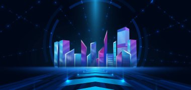 Işık efekti ve ışıltısıyla koyu mavi arka planda parlak bir şehir manzarası. Şehir manzarası. Vektör illüstrasyonu