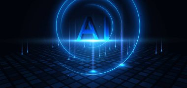 Soyut teknoloji koyu mavi arka planda parlak mavi. Yapay zeka, yapay zeka iletişimi, teknoloji dijital. Vektör illüstrasyonu