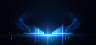 Soyut teknoloji parlak parlak oklar koyu mavi arkaplanda mavi ışık ışını. Kavramsal iletişim, yüksek hızlı teknoloji hareketi. Vektör illüstrasyonu