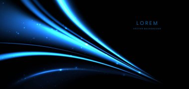 Siyah arka planda ışık efekti ve ışıltısıyla köşegen mavi ışınlar. Vektör illüstrasyonu