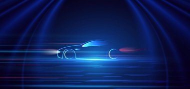 Koyu mavi arka planda yüksek hızlı hareket eden spor araba konsepti. Vektör illüstrasyonu