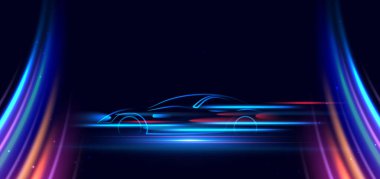 Fütürist parlak neon mavi ve kırmızı ışın. Koyu mavi arka planda yüksek hızlı hareket eden spor araba konsepti. Vektör illüstrasyonu