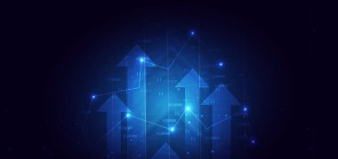 Koyu mavi arka planda parlayan ışık efekti olarak borsa büyümesini arttırın. İş yatırımı konsepti. Vektör illüstrasyonu