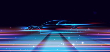 Koyu mavi arka planda yüksek hızlı hareket eden spor araba konsepti. Fütürist parlak neon mavi ve kırmızı ışın. Vektör illüstrasyonu