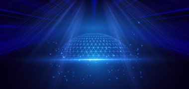 Koyu mavi arkaplanda küresel dekoru olan parlak mavi bir ışık hüzmesi. Vektör illüstrasyonu